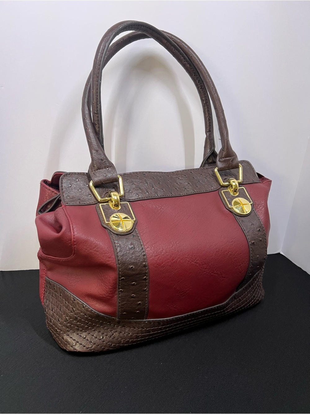 Bueno Red and Brown Satchel Bag with Gold Accents